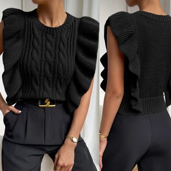 SHEIN • Black Cable Knit Ruffle Trim Crew Neck Sleeveless Sweater - Picture 1 of 5